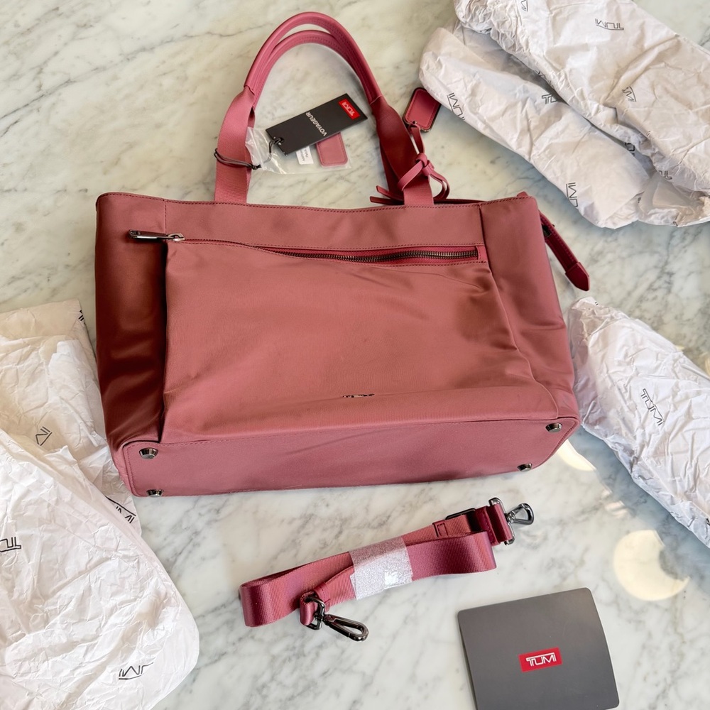 Tumi Voyageur Maggie Nylon Leather Trim Laptop Tote Crossbody Bag pink coral